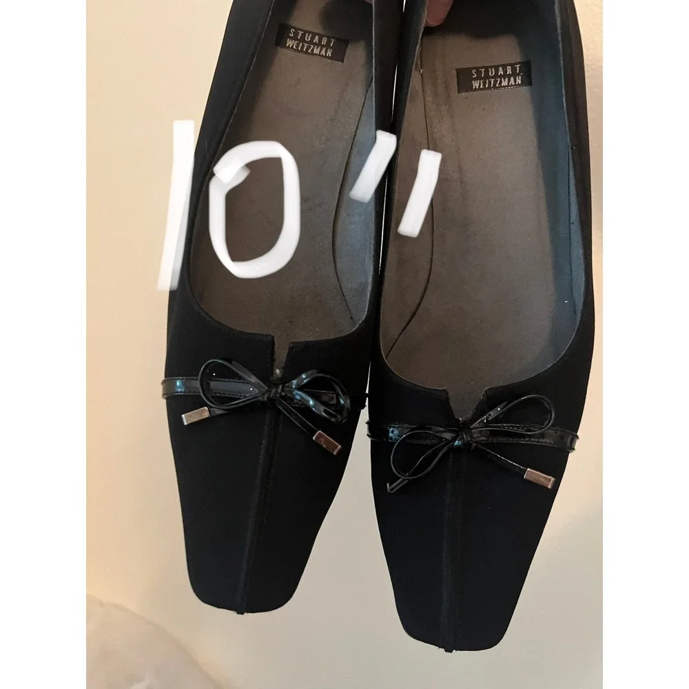 Stuart Weitzman Pump Women 8.5 Black Kitten Bow Square Toe Professional Evening